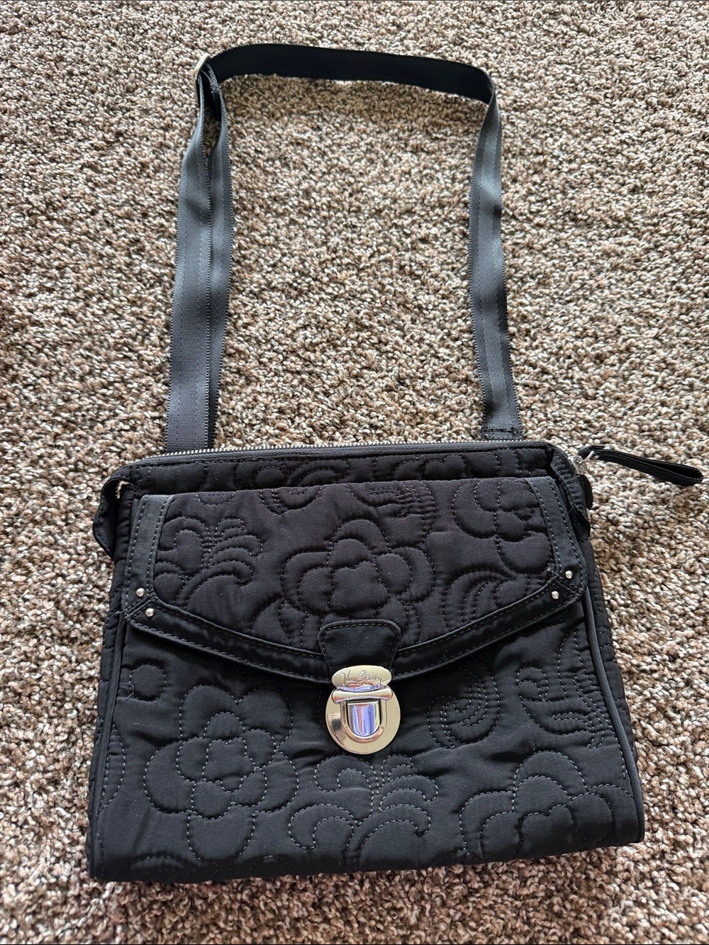Vera Bradley Black Quilted Floral Crossbody with Silver Slide Buckle